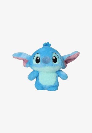 Giocattolo di peluche blu e turchese chiaro con grandi occhi neri, grandi orecchie con interno rosa e una piccola ciocca sulla cima.