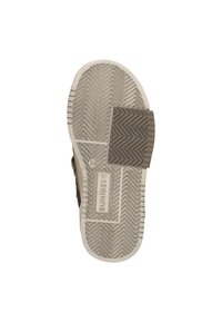 Rubberen schoenzool met een visgraatpatroon, beige kleur en een versterkt gripgebied. Gemerkt met het logo "Bunnies Jr.".