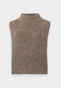 Gilet sans manches en mélange de laine marron avec un col montant haut, tissu en maille uni et un ourlet droit.