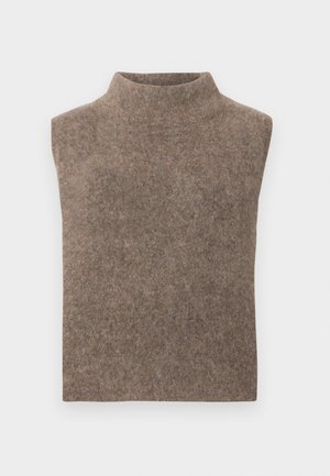 Gilet marrone senza maniche in misto lana, con collo alto a imbuto, tessuto a maglia semplice e orlo dritto.