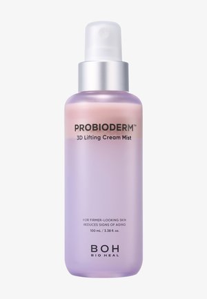 Flacon spray violet et rose étiqueté Probioderm 3D Lifting Cream Mist pour une peau plus ferme et une réduction du vieillissement, 100 ml par Bio Heal.