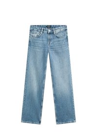 Light blue denim wide-leg jeans with a classic five-pocket design, button fly, and subtle fading throughout the fabric.
