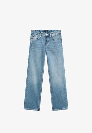 Light blue denim wide-leg jeans with a classic five-pocket design, button fly, and subtle fading throughout the fabric.