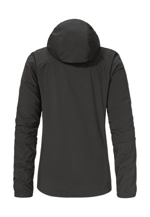 Schwarze Kapuzenjacke mit langen Ärmeln, von hinten gezeigt, mit einer taillierten Silhouette und elastischen Bündchen.