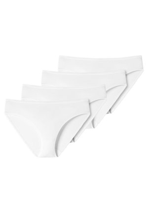 Pakke med fire hvide bomulds bikinitrusser med en glat tekstur, elastisk talje og klassisk snitdesign. Ingen mønstre eller grafikker synlige.