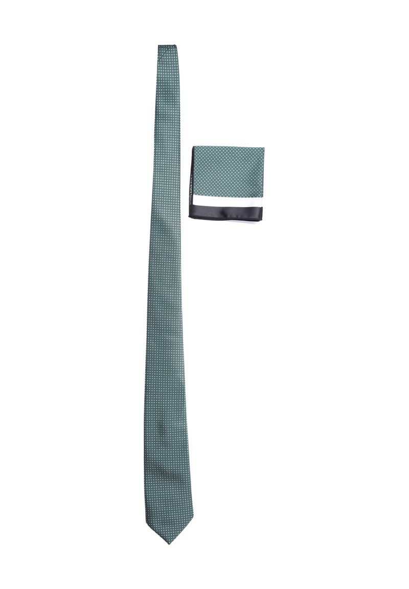 Cravatta di seta verde con un piccolo motivo a pois bianchi e fazzoletto coordinato con una banda nera lungo il bordo.