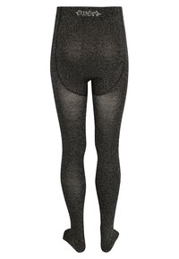 Sorte strømpebukser lavet af et skinnende, tekstureret materiale med høj talje og lukkede tæer, prydet med et logo ved taljebåndet.