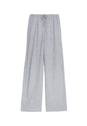 Leichte, weit geschnittene Hosen aus gestreiftem Stoff, mit einem elastischen Bund und einem Kordelzug. Die Farben umfassen Marineblau und Weiß.