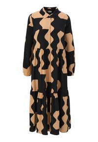 Abito nero e beige con un motivo ondulato, maniche lunghe, colletto e gonna a strati. Realizzato in un tessuto morbido e leggero.