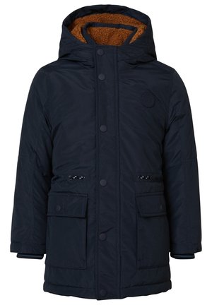 Marineblaue Winterparka mit Kapuze, braunem Fleece-Futter, Druckknöpfen, verstellbaren Taillenzügen und aufgesetzten Fronttaschen mit Klappen.