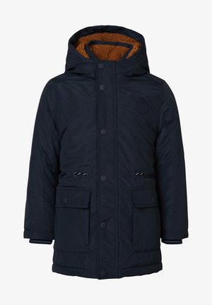 Parka invernale blu navy con cappuccio, fodera in pile marrone, bottoni a pressione, lacci regolabili in vita e tasche frontali con patta.