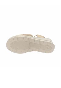 Sole di sandalo beige con gomma testurizzata per una presa migliore. Presenta un leggero rialzo e scanalature. Senza marchio visibile. Taglia 37 segnata sul lato.