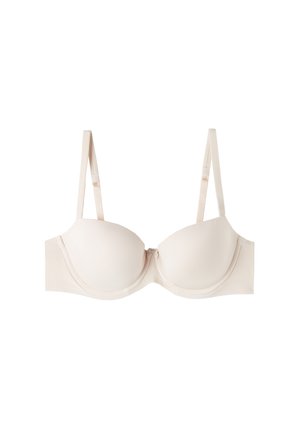 Beige Unterwäsche-BH mit glatten, konturierten Cups, verstellbaren Trägern und nahtlosem Design, ausgestattet mit einem klassischen Haken- und Ösenverschluss.