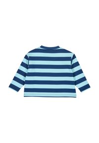 Camicia a maniche lunghe con righe orizzontali blu navy e azzurro chiaro, vista da dietro, su uno sfondo bianco.
