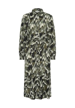 Lange, knoopsluitende jurk in een multikleurig zigzagpatroon met tinten groen, zwart en wit. Inclusief een strikceintuur en lange mouwen.