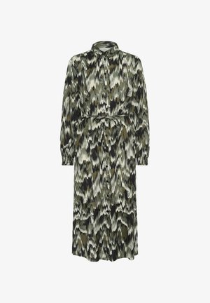 Abito lungo con bottoni in un motivo zigzag multicolore che presenta tonalità di verde, nero e bianco. Include una cintura da annodare e maniche lunghe.