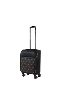 Maleta negra con un frente texturizado de patrón marrón, cuatro ruedas, asa retráctil y cierre con cremallera. Acentuada con un detalle de logotipo.