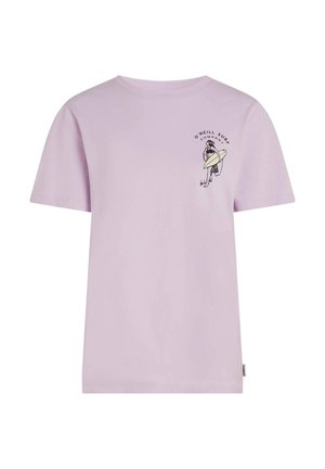Lilac cotton t-shirt with short sleeves, featuring a graphic print of a figure holding a surfboard on the left chest and a brand label at the hem.