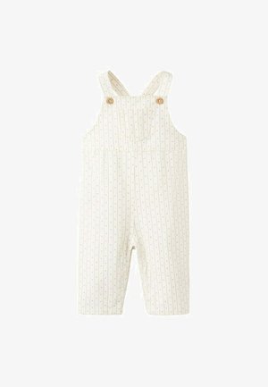 Salopette pour bébé couleur crème avec de petites rayures verticales foncées et de minuscules motifs en forme de cœur, dotée de bretelles à boutons en bois et d'une poche frontale.