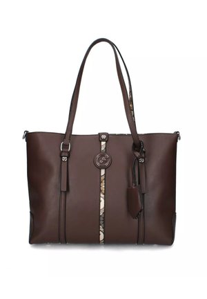 Borsa tote in pelle marrone con una striscia decorativa che presenta un motivo, due manici e un'etichetta staccabile su un lato.