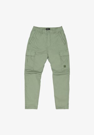 Grüne Cargo-Hosen aus leichtem Material, mit elastischem Bund, mehreren Seitentaschen und einem schmal zulaufenden Bein Design.