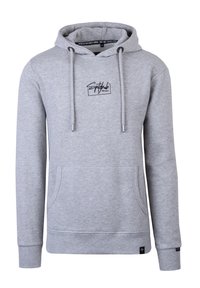 Sweat à capuche gris clair avec poche avant, capuche à cordon, et logo noir "Spitzbub Est. 2017" sur la poitrine.