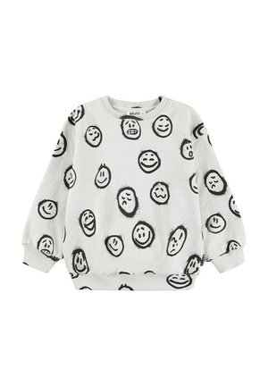 Vit sweatshirt med mönster av svarta leende och ledsna ansikten. Den har långa ärmar, rund halsringning och ribbade muddarna och nederkant.