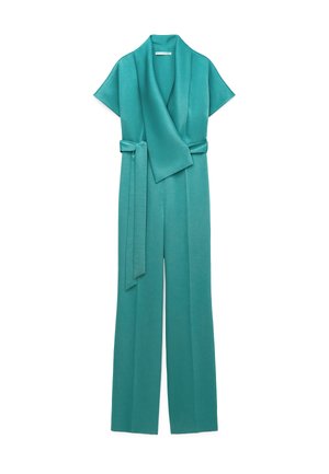 Combinaison bleu sarcelle à manches courtes, à enfiler avec ceinture en tissu assorti et pantalon à jambes larges, présentée à plat sur fond blanc.