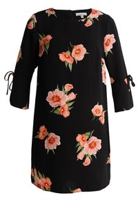 Black dress with three-quarter sleeves, featuring pink and orange floral patterns and tied bows on the sleeves.