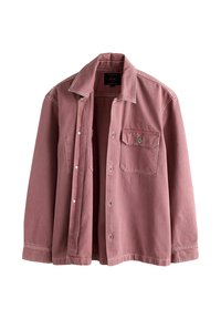 Long-sleeve dusty rose button-up shirt jacket with one buttoned chest pocket and white stitching details, displayed on white background.