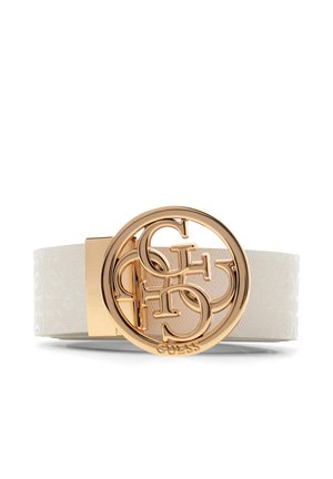 Witte stoffen riem met een grote ronde gouden gesp met daarop een overlappend G, U, E, S, S logo ontwerp.