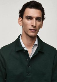 Dark green pullover with a collared design, featuring a button placket, soft texture, and worn over a light striped shirt.