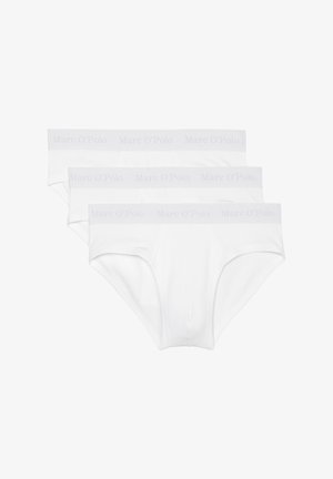 Białe bawełniane majtki w opakowaniu trzech sztuk, charakteryzujące się gładką fakturą i elastycznymi paskami w talii z wytłoczonym napisem "Marc O'Polo" w odcieniu szarości.