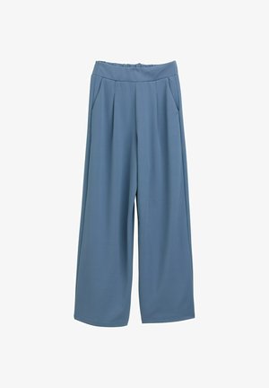 Plati kojinės, pagamintos iš švelnios mėlynos medžiagos. Juosmuo aukštas, elastinis, priekyje - klostės. Lygus paviršius be matomų raštų.