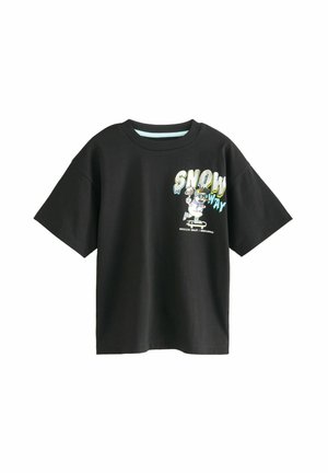 Svart t-shirt med kort ärm i bomull som har en färgglad grafisk tryck med texten "SNOW WAY" och en tecknad figur på framsidan.