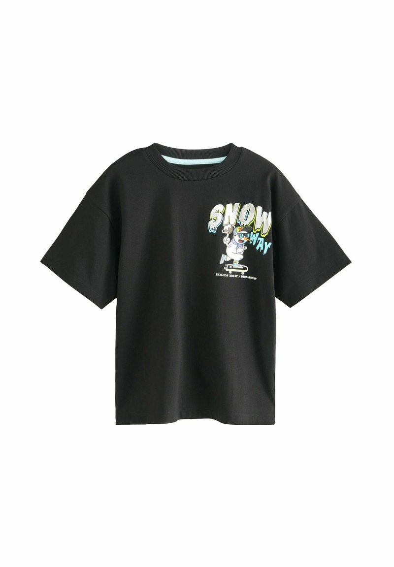 Czarny t-shirt z krótkim rękawem wykonany z bawełny, z kolorową grafiką na przodzie z napisem "SNOW WAY" i postacią z kreskówki.
