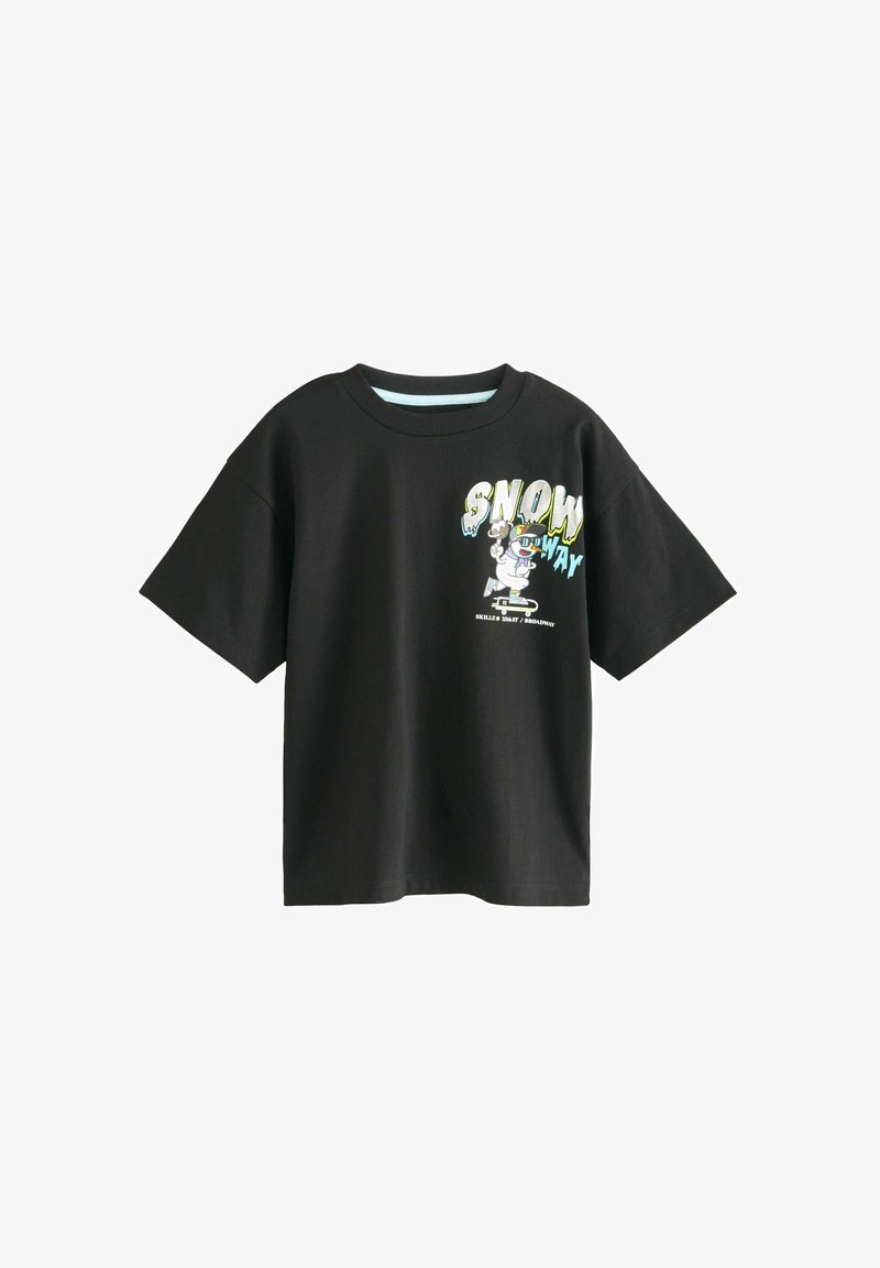 Black short-sleeve t-shirt made of cotton featuring colorful graphic print with the text "SNOW WAY" and a cartoon character on the front.