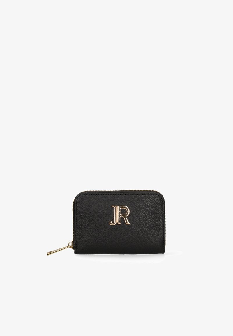 Portefeuille zippé en cuir texturé noir avec emblème aux initiales "JR" en or et tire-zip assorti en or sur fond blanc.