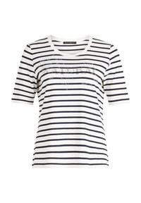 Striped short-sleeve t-shirt in white and navy, featuring a round neckline and a graphic design with embellished accents on the front.