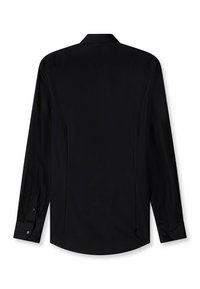 Schwarzes Langarmhemd mit glatter Textur, spitzem Kragen und geknöpften Manschetten. Verfügt über einen geraden Rücken mit einfachem Design.