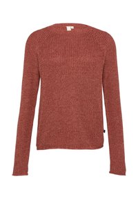 Bordeaux gestrickter Pullover mit Rundhalsausschnitt und langen Ärmeln. Verfügt über eine strukturierte Oberfläche und eine lockere Passform mit geradem Saum.