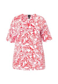Camisa de manga corta en rojo y blanco con un patrón floral abstracto. Fabricada en tejido ligero con un ajuste relajado y escote en V.