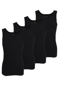 Quatre débardeurs noirs en coton lisse, avec un design sans manches, des encolures arrondies et une coupe ajustée.