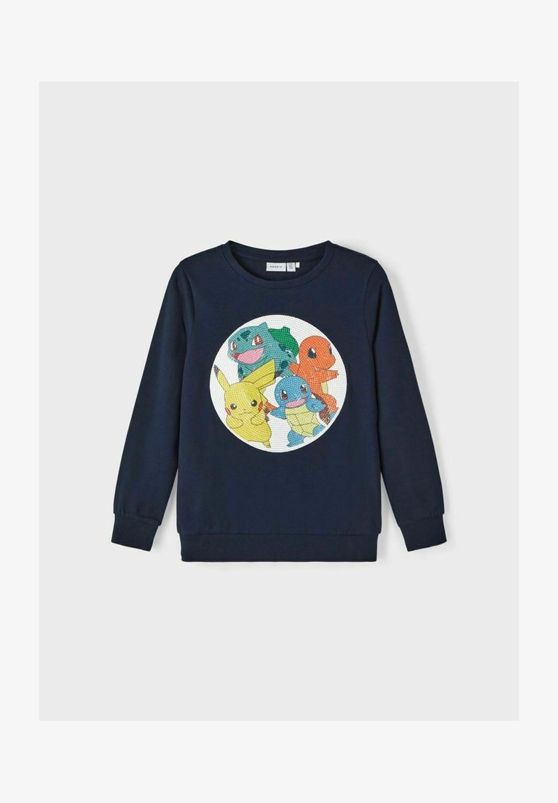 Sudadera azul marino con un gráfico circular que presenta cuatro personajes de dibujos animados coloridos: Pikachu, Bulbasaur, Charmander y Squirtle.