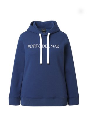 Felpa con cappuccio blu navy con coulisse bianche e testo "PORTO DEL MAR" in bianco centrato sul petto.