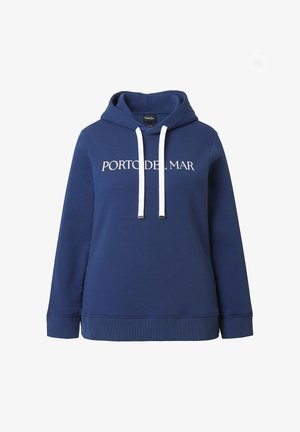 Laivastonsininen huppari, jossa valkoiset nyörit ja valkoisella tekstillä "PORTO DEL MAR" keskitettynä rinnan kohdalle.