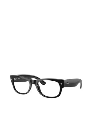 Occhiali da vista rettangolari neri con montatura spessa e lenti trasparenti, con rivetti decorativi argentati e logo Ray-Ban sulle aste.