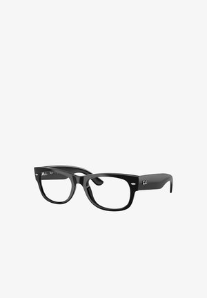 Occhiali da vista rettangolari neri con montatura spessa e lenti trasparenti, con rivetti decorativi argentati e logo Ray-Ban sulle aste.