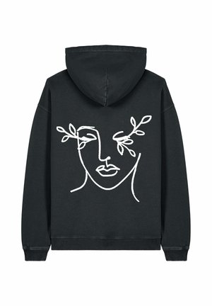 Hoodie noir avec un dessin linéaire minimaliste blanc d'un visage avec des feuilles à côté des yeux au dos. Matériau en mélange de coton doux.