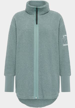 Fleecejacke in gedämpftem Petrol mit hohem Kragen, durchgehendem Reißverschluss, seitlichen Schlitzen und gerippten Bündchen. Strukturiertes Material mit reflektierenden Hardwaredetails.